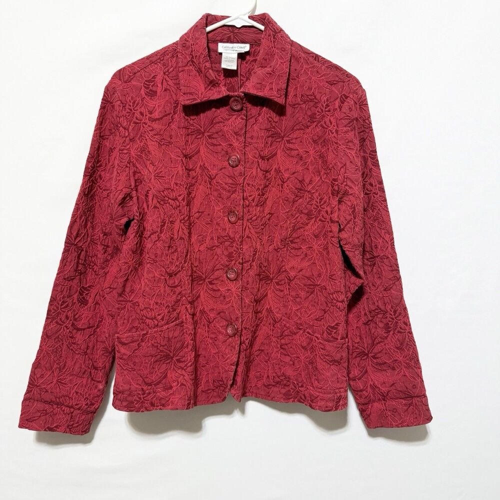 Coldwater Creek Red Textured Embroidered Stretch Button Up Jacket Women PM